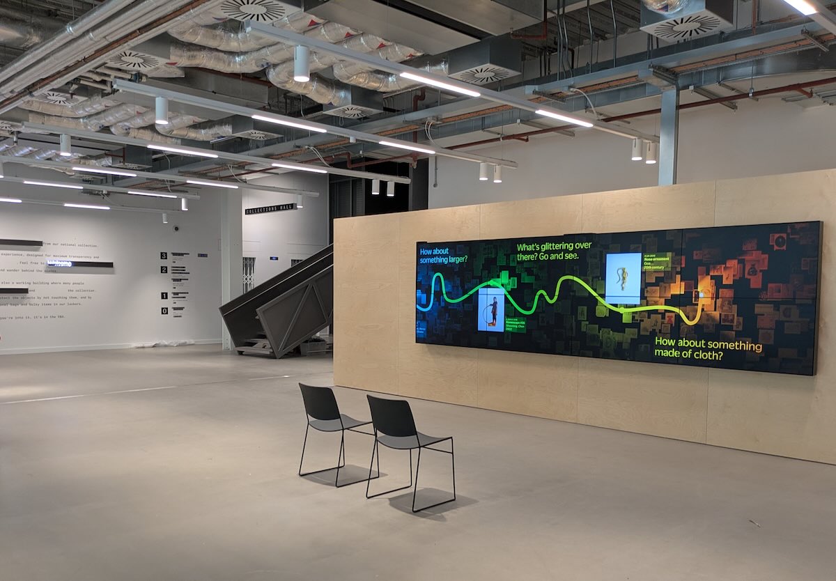 A photo of the digital artwork "Taking an API for a Walk" at the V&A East Storehouse